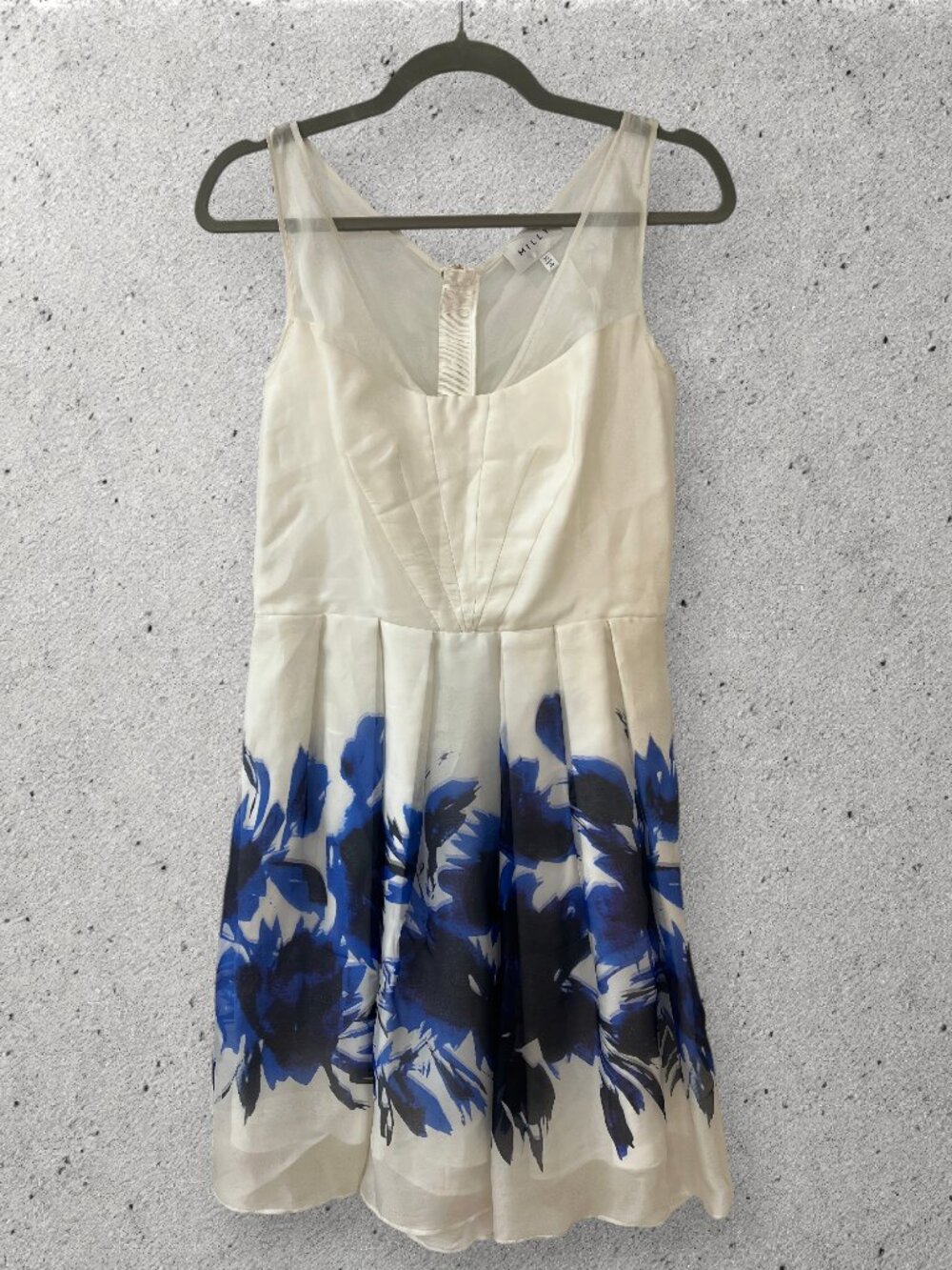 MILLY White & Royal Blue Floral Silk Organza Mini Dress - Size 10
